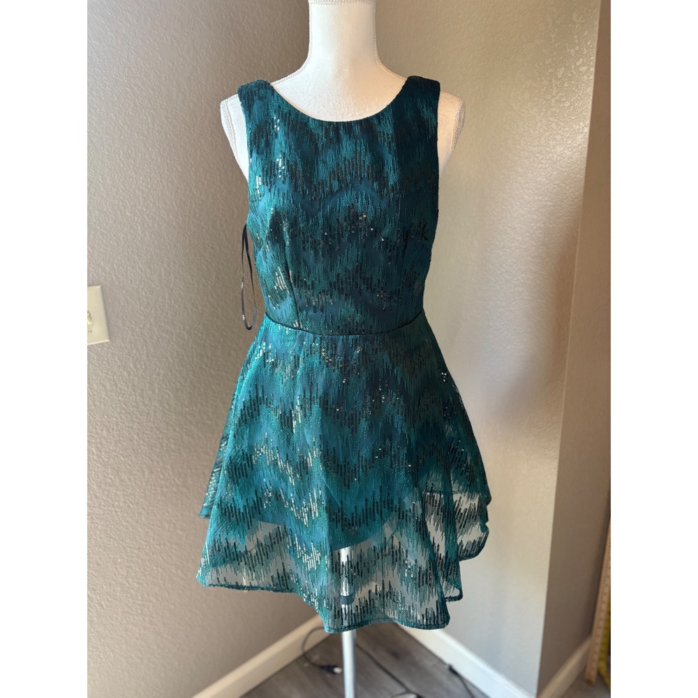Lulus Womens Emerald Green Sequin Open Back Fit & Flare Mini Dress‎ Size M